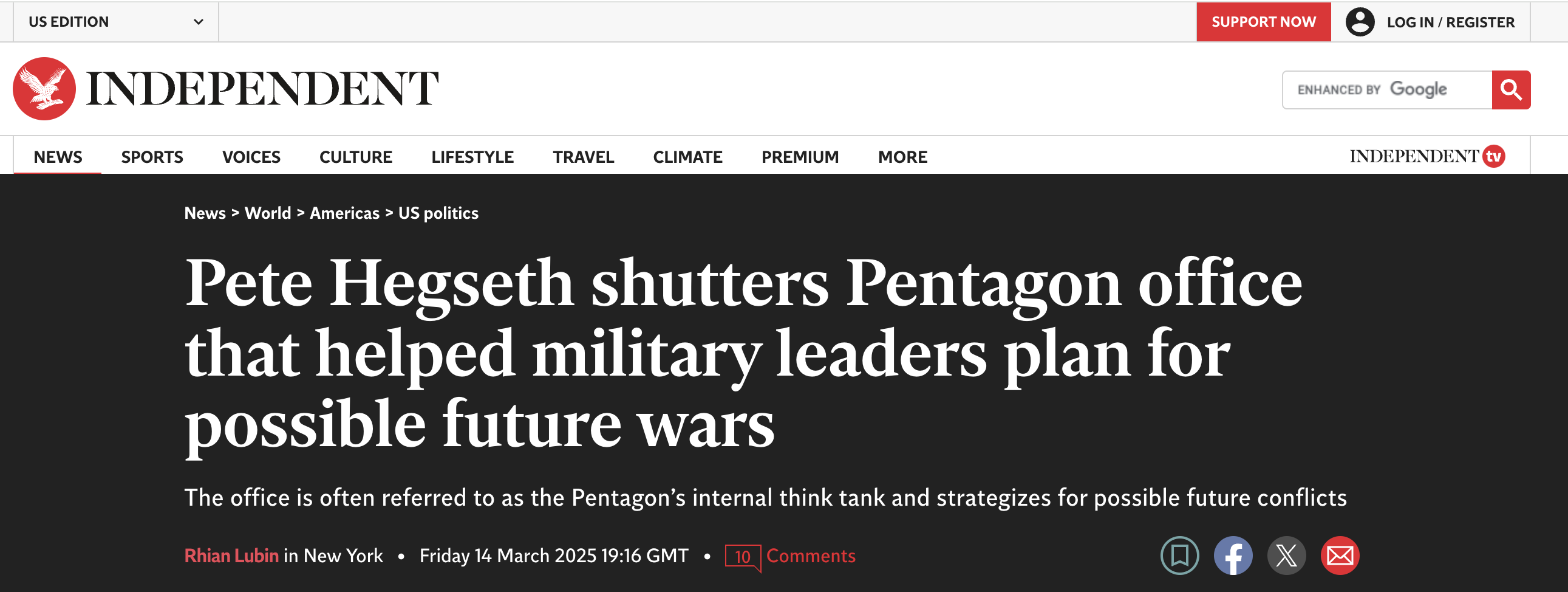 The Indepedent: Hegseth shutters office